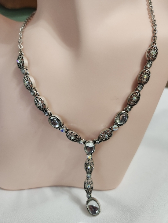 Avon Jewelry - Avon Silver-Tone Ornate Filigree Drop Necklace with Clear Stones